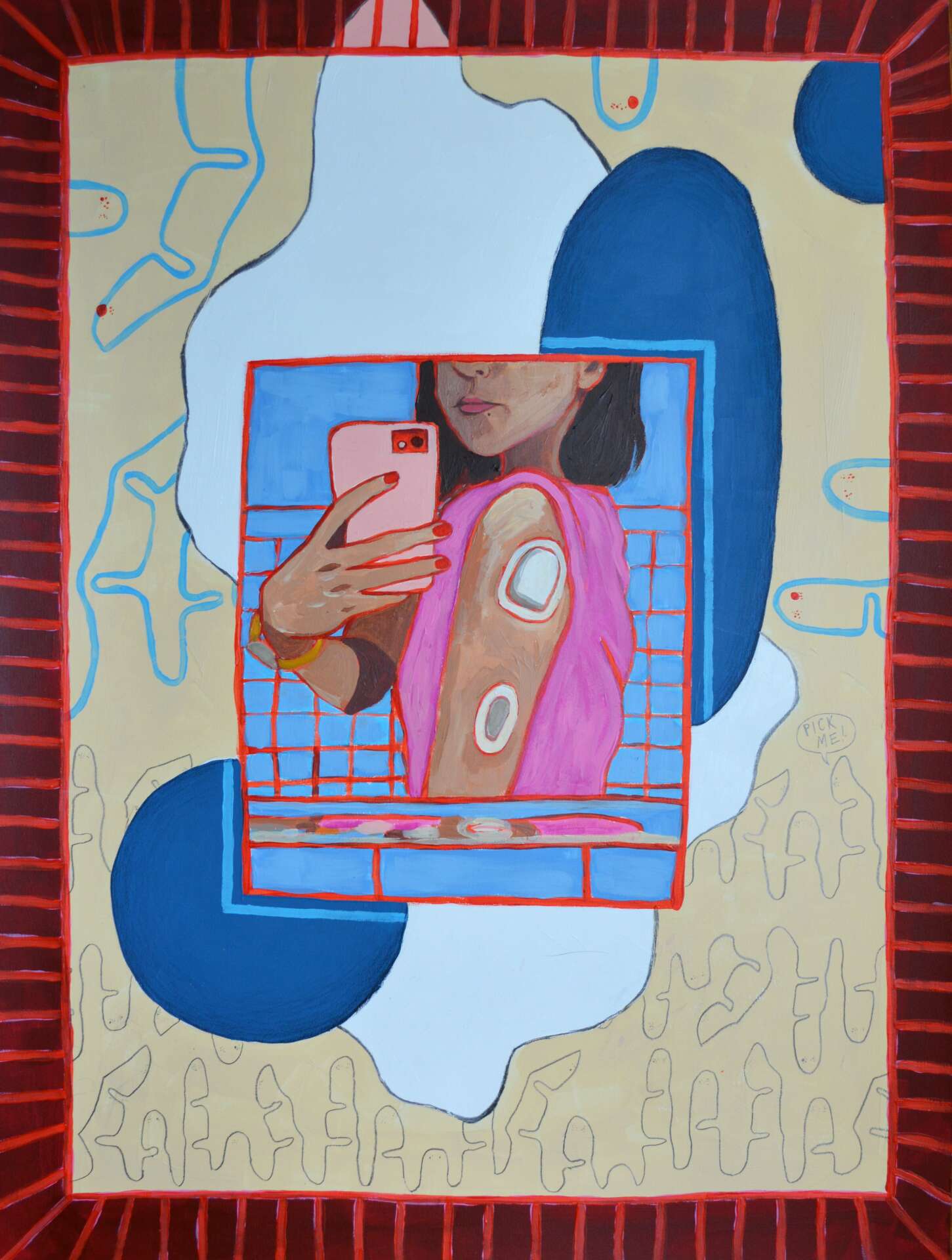 Body Language — Ana Morales (2022). Auto-retrato com sensor Omnipod. Acrílica sobre tela. Taubman Museum of Art.