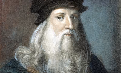 Retrato de Leonardo da Vinci de barba e cabelos longos e brancos, em gravura do século XIX