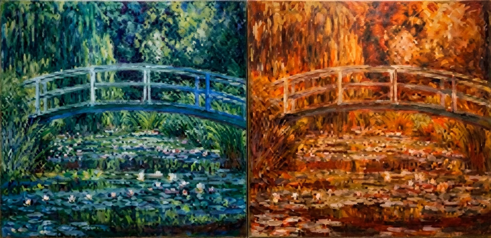 Díptico Monet: Ponte Japonesa antes e depois da catarata — comparação das paletas de cor
