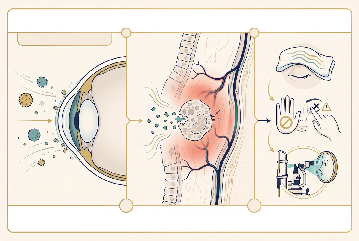 Sequência clínica de alergia ocular: partículas no ambiente alcançam o olho, ocorre resposta inflamatória na conjuntiva e aparecem ações seguras como compressa fria, não esfregar e avaliação em lâmpada de fenda.