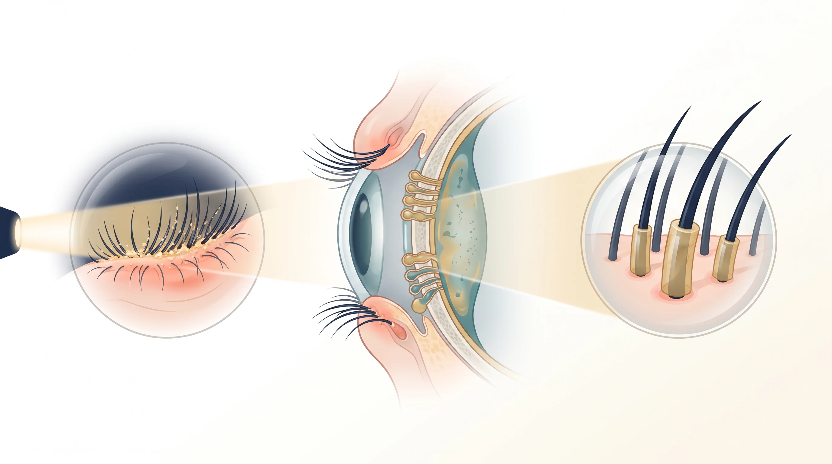 Prancha clínica da margem palpebral mostrando crostas na base dos cílios, glândulas de Meibômio e colaretes como pistas para avaliação de blefarite