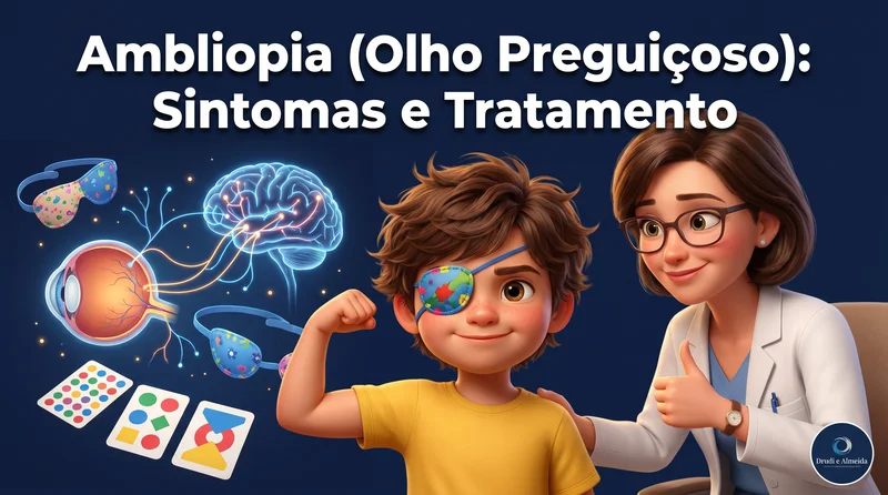 Criança 3D Pixar usando tampão ocular para tratamento de ambliopia com oftalmologista ao lado