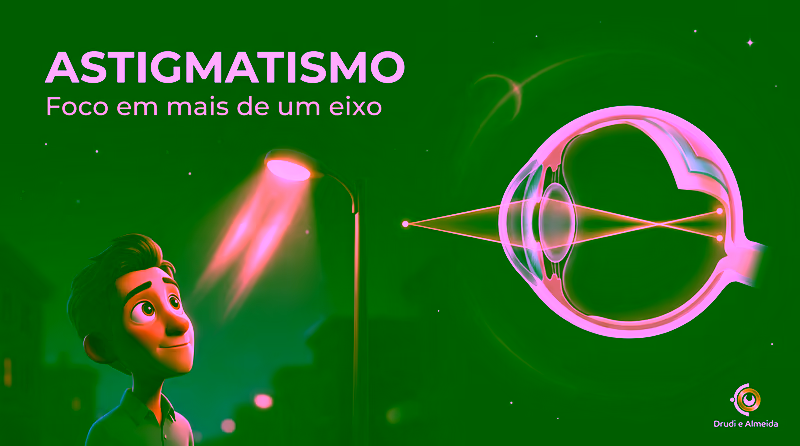 Capa ilustrativa do artigo "Astigmatismo: causas, sintomas e como corrigir" sobre saúde ocular no blog da Drudi e Almeida Oftalmologia.