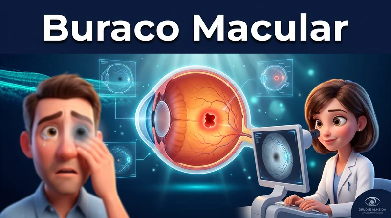 Capa ilustrativa do artigo "Buraco Macular: Sintomas, Tamanho, Cirurgia e Recuperação" sobre retina no blog da Drudi e Almeida Oftalmologia.
