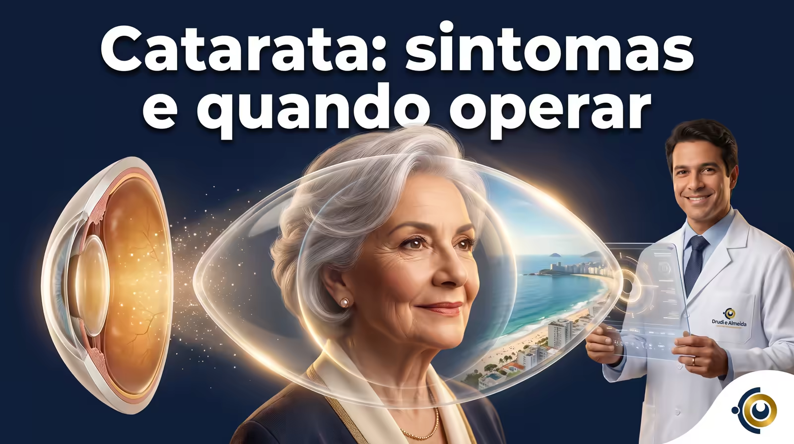Capa ilustrativa do artigo "Catarata: sintomas, diagnóstico e quando a cirurgia pode ser indicada" sobre catarata no blog da Drudi e Almeida Oftalmologia.