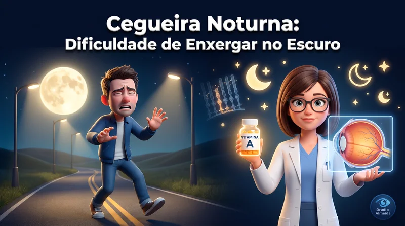 Personagem 3D Pixar com dificuldade de enxergar à noite em estrada escura com oftalmologista segurando vitamina A