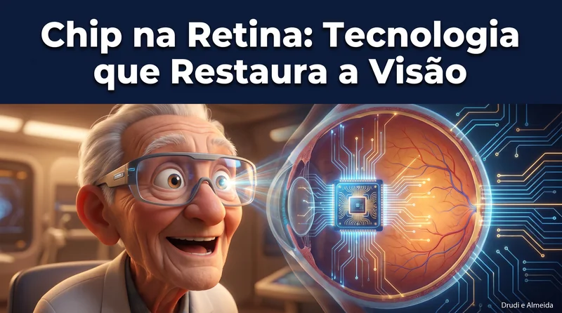 Capa ilustrativa do artigo "Chip de Retina PRIMA®: A Tecnologia Fotovoltaica que Restaura a Visão na DMRI Seca" sobre retina no blog da Drudi e Almeida Oftalmologia.