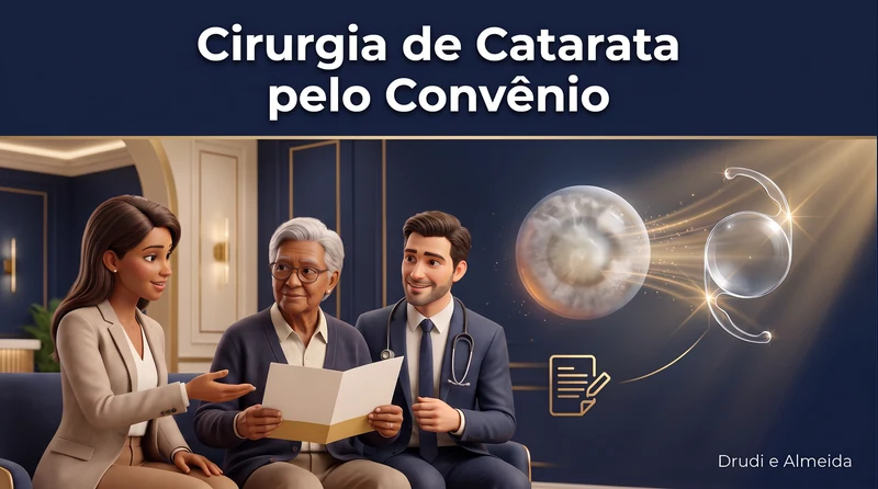 Capa ilustrativa do artigo "Cirurgia de Catarata pelo Convênio: Como Funciona, Quais Planos Cobrem e Passo a Passo" sobre catarata no blog da Drudi e Almeida Oftalmologia.