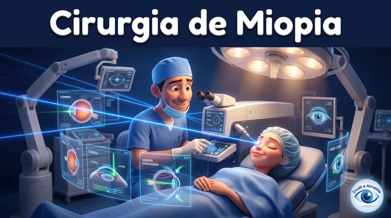 Capa ilustrativa do artigo "Cirurgia de Miopia: LASIK, PRK, SMILE e Quem Pode Fazer" sobre cirurgia refrativa no blog da Drudi e Almeida Oftalmologia.
