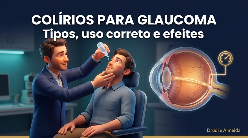 Capa ilustrativa do artigo "Colírios para Glaucoma: Tipos, Como Usar Corretamente e Efeitos Colaterais" sobre glaucoma no blog da Drudi e Almeida Oftalmologia.