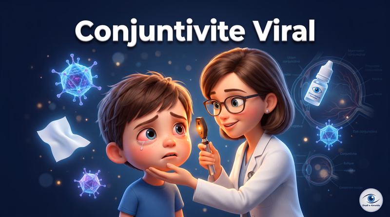 Capa ilustrativa do artigo "Conjuntivite Viral: Sintomas, Quanto Dura, Tratamento e Quando Ir ao Médico" sobre saúde ocular no blog da Drudi e Almeida Oftalmologia.