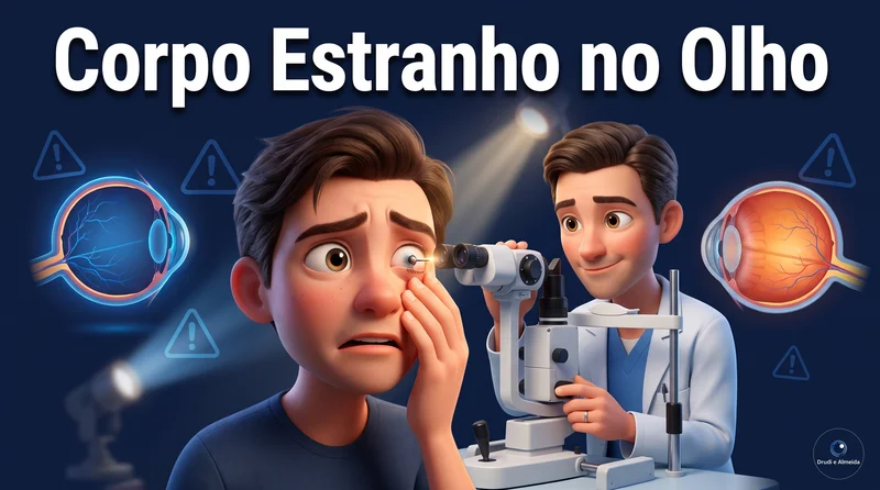 Capa ilustrativa do artigo "Cisco no Olho e Corpo Estranho: O Que Fazer e Quando Correr" sobre saúde ocular no blog da Drudi e Almeida Oftalmologia.