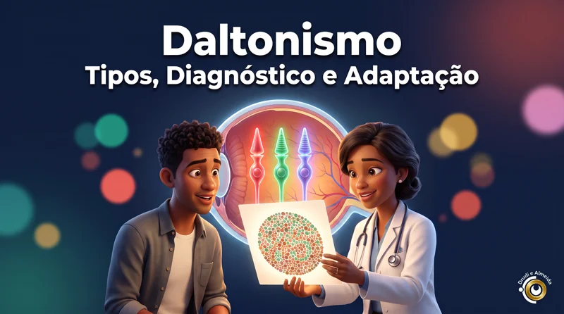 Capa ilustrativa do artigo "Daltonismo: Tipos, Diagnóstico e Adaptação" sobre saúde ocular no blog da Drudi e Almeida Oftalmologia.