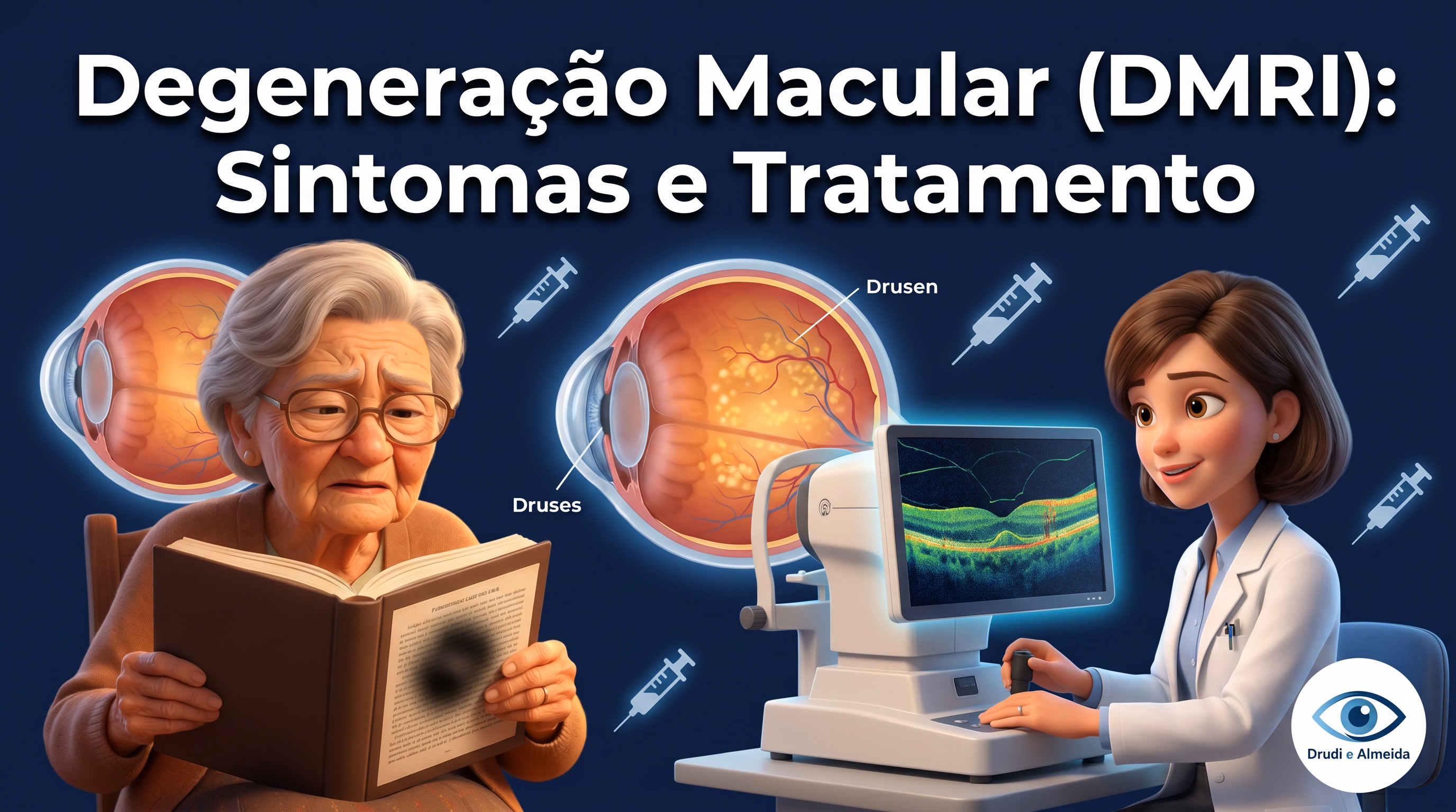 Capa ilustrativa do artigo "DMRI: sintomas, tipos e tratamentos" sobre retina no blog da Drudi e Almeida Oftalmologia.