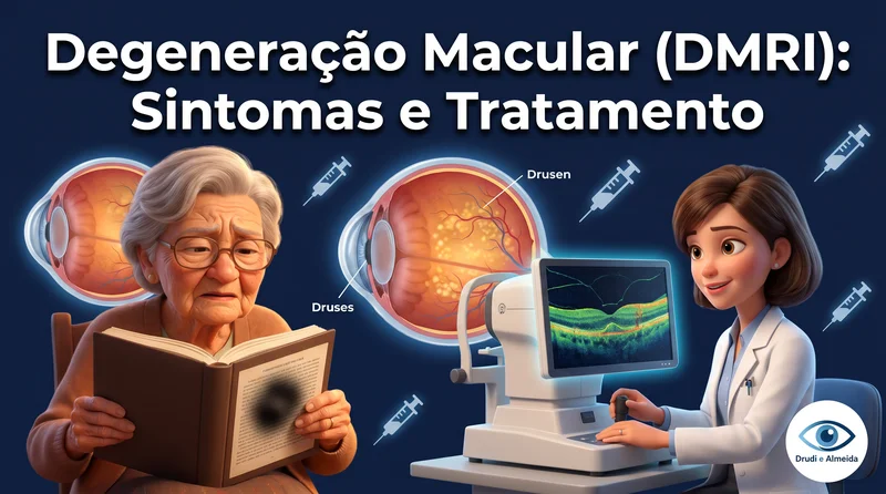 Idosa 3D Pixar com mancha escura na visão lendo livro, com oftalmologista ao OCT mostrando DMRI