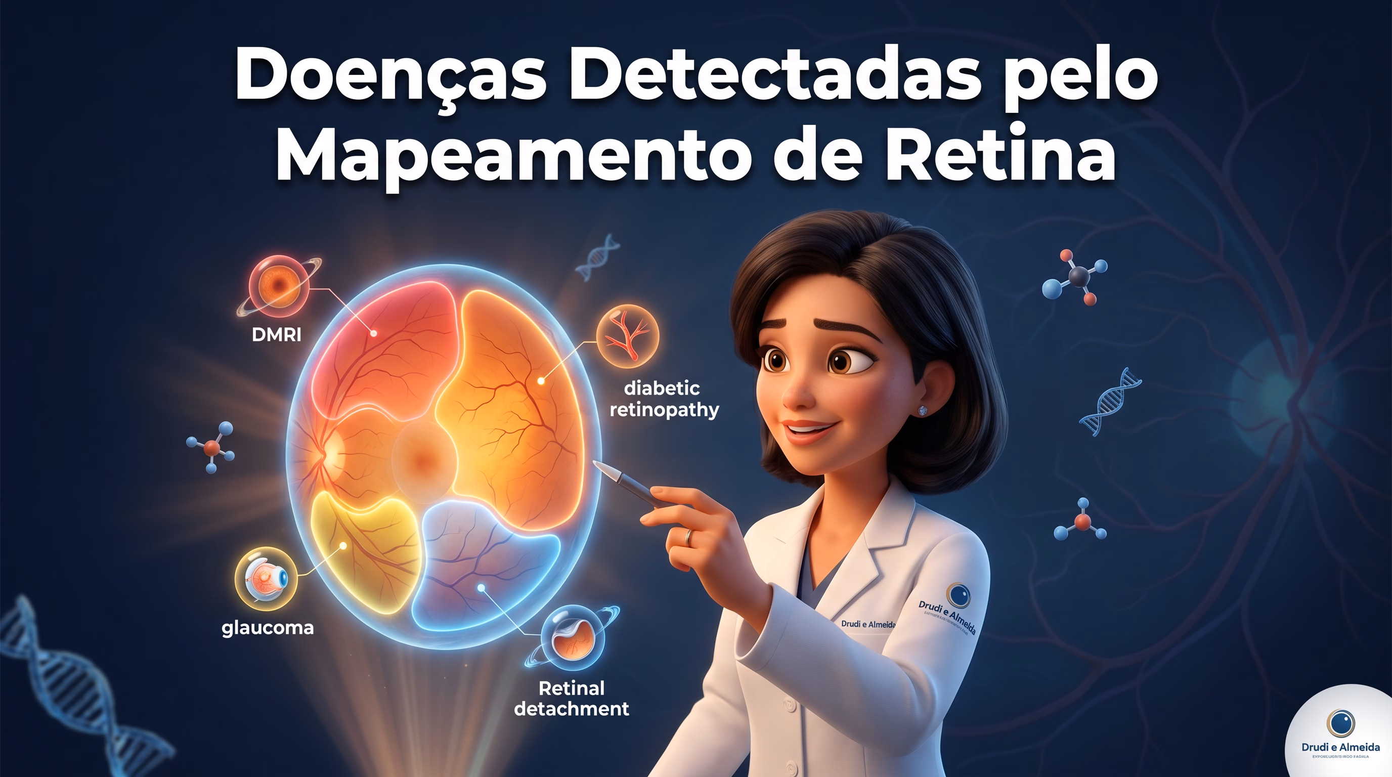 Capa ilustrativa do artigo "Doenças Detectadas pelo Mapeamento de Retina: O Guia Completo" sobre exames e diagnósticos no blog da Drudi e Almeida Oftalmologia.