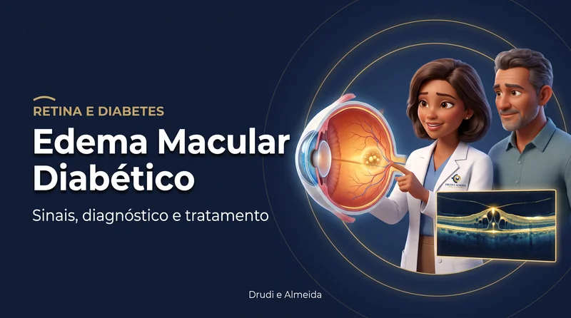 Capa ilustrativa do artigo "Edema Macular Diabético: Causas, Sintomas" sobre retina no blog da Drudi e Almeida Oftalmologia.