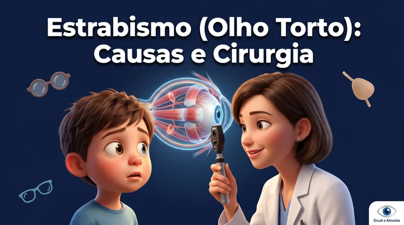 Criança 3D Pixar com estrabismo sendo examinada por oftalmologista com diagrama dos músculos oculares