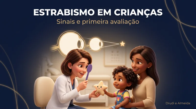 Capa ilustrativa do artigo "Estrabismo em crianças: sinais e primeira avaliação" sobre estrabismo no blog da Drudi e Almeida Oftalmologia.