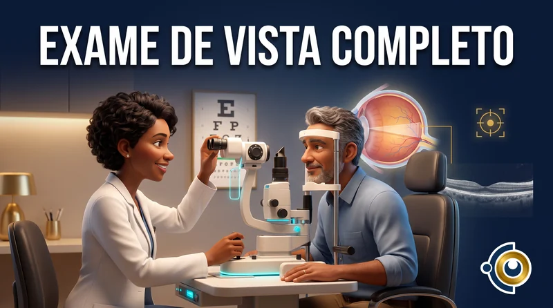 Capa ilustrativa do artigo "Exame de Vista Completo: O Que Avalia?" sobre saúde ocular no blog da Drudi e Almeida Oftalmologia.
