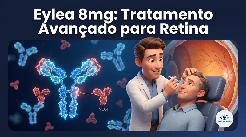 Capa ilustrativa do artigo "Aflibercepte 8 mg: evidência, segurança e acompanhamento" sobre retina no blog da Drudi e Almeida Oftalmologia.