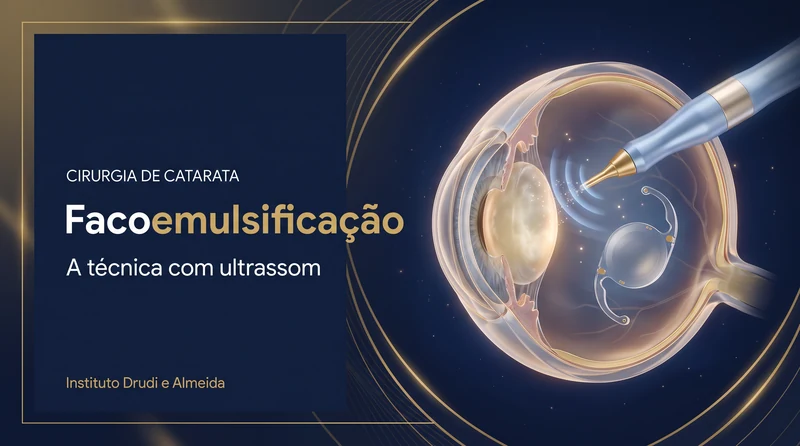 Capa ilustrativa do artigo "Facoemulsificação: Como Funciona na Cirurgia de Catarata" sobre catarata no blog da Drudi e Almeida Oftalmologia.