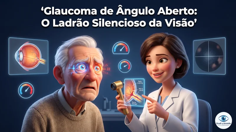 Idoso 3D Pixar com pressão ocular elevada sendo examinado por oftalmologista com diagrama do nervo óptico