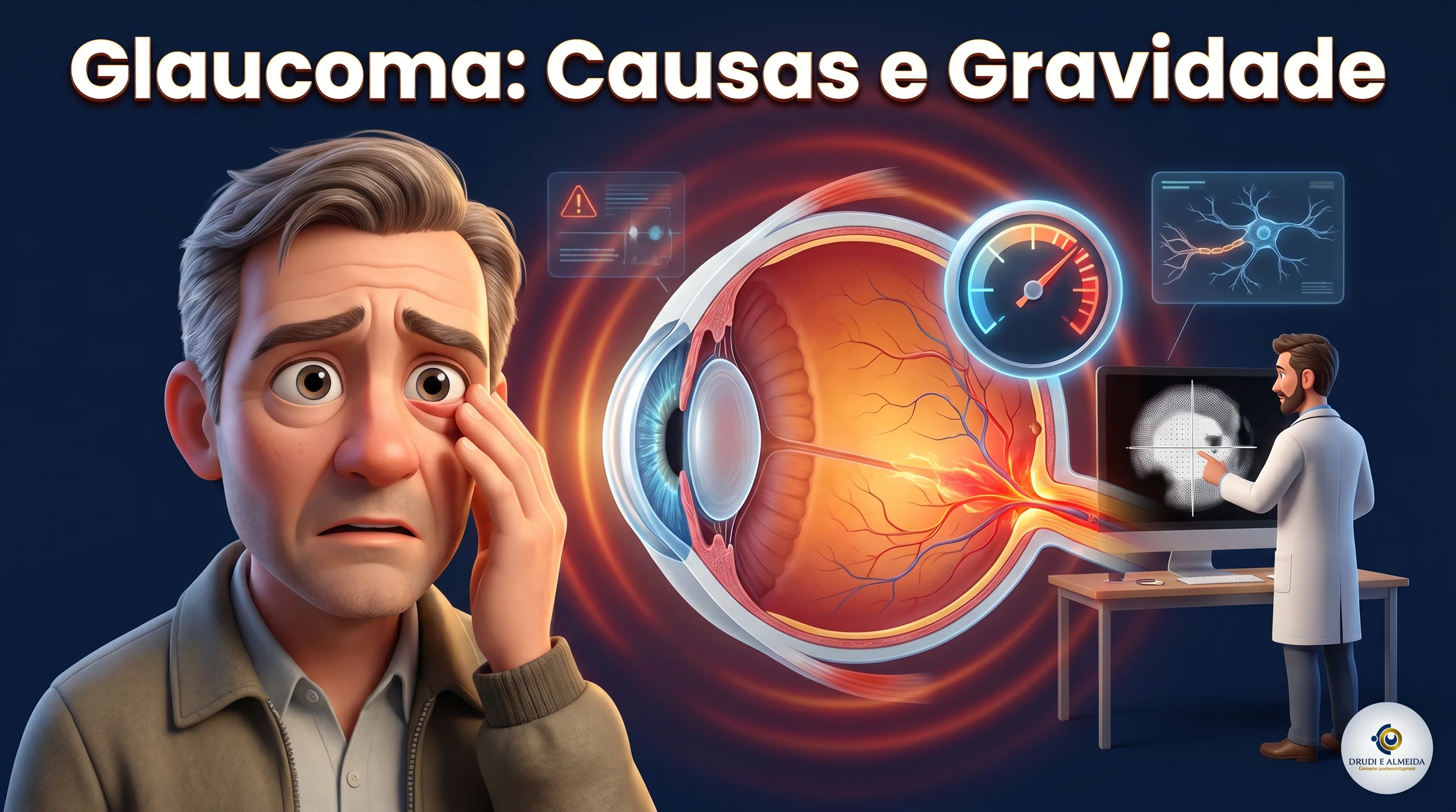Capa ilustrativa do artigo "O que é Glaucoma: Causas, Sintomas e Tratamento" sobre glaucoma no blog da Drudi e Almeida Oftalmologia.