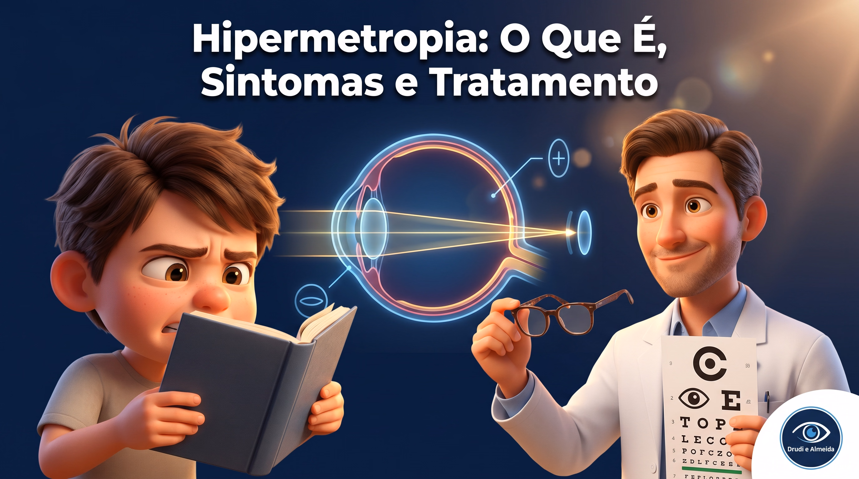 Capa ilustrativa do artigo "Hipermetropia: causas, graus, sintomas e opções de correção" sobre saúde ocular no blog da Drudi e Almeida Oftalmologia.