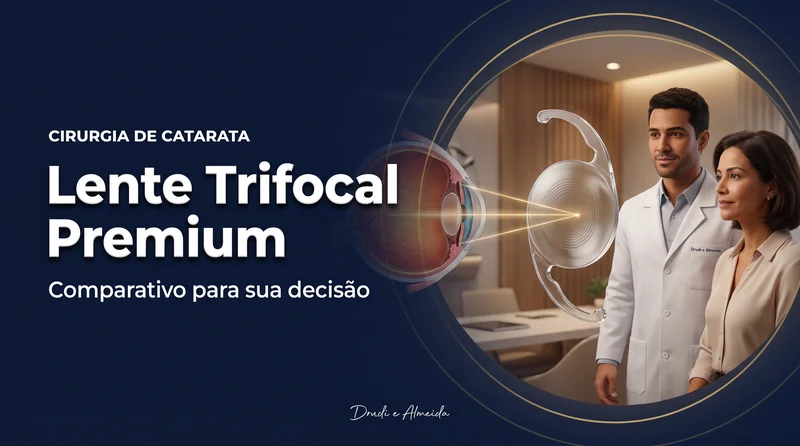 Capa ilustrativa do artigo "Lente Premium Trifocal: Vale o Investimento? Comparativo com Monofocal e Multifocal" sobre catarata no blog da Drudi e Almeida Oftalmologia.