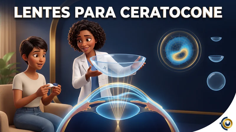 Capa ilustrativa do artigo "Lentes de Contato para Ceratocone: Tipos e Cuidados" sobre ceratocone no blog da Drudi e Almeida Oftalmologia.