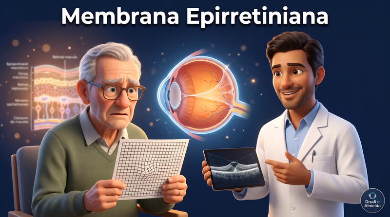 Capa ilustrativa do artigo "Membrana Epirretiniana: O Que É, Sintomas e Cirurgia" sobre retina no blog da Drudi e Almeida Oftalmologia.