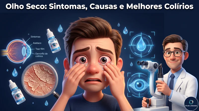 Personagem 3D Pixar com olhos secos e irritados ao lado de colírios lubrificantes e diagrama do filme lacrimal