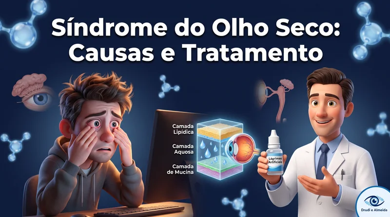 Capa ilustrativa do artigo "Síndrome do Olho Seco: Causas, Sintomas, Diagnóstico e Tratamento" sobre saúde ocular no blog da Drudi e Almeida Oftalmologia.