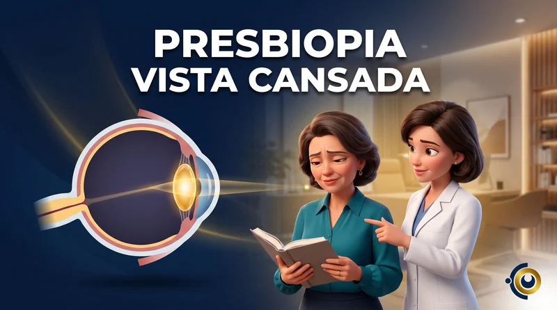Capa ilustrativa do artigo "Presbiopia: Vista Cansada, Sintomas e Correção" sobre saúde ocular no blog da Drudi e Almeida Oftalmologia.