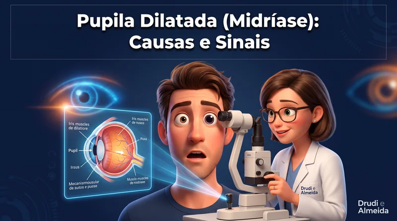 Capa ilustrativa do artigo "Pupila Dilatada (Midríase): Causas, Exame de Fundo de Olho e Sinais de Alerta" sobre saúde ocular no blog da Drudi e Almeida Oftalmologia.