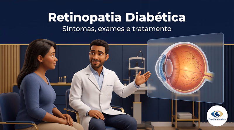 Capa ilustrativa do artigo "Retinopatia Diabética: Sintomas, Exames e Tratamento" sobre retina no blog da Drudi e Almeida Oftalmologia.