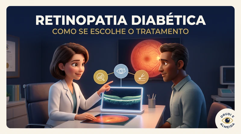 Capa ilustrativa do artigo "Retinopatia Diabética: Como se Escolhe o Tratamento?" sobre retina no blog da Drudi e Almeida Oftalmologia.