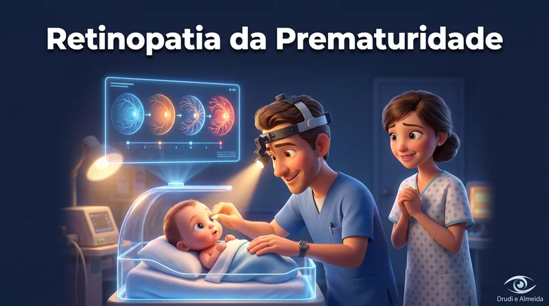 Capa ilustrativa do artigo "Retinopatia da Prematuridade: Triagem, Graus e Tratamento" sobre retina no blog da Drudi e Almeida Oftalmologia.