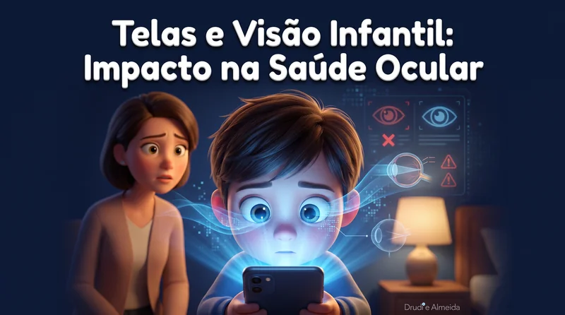 Capa ilustrativa do artigo "Telas e Visão Infantil: Rotina, Conforto e Quando Avaliar" sobre saúde ocular no blog da Drudi e Almeida Oftalmologia.