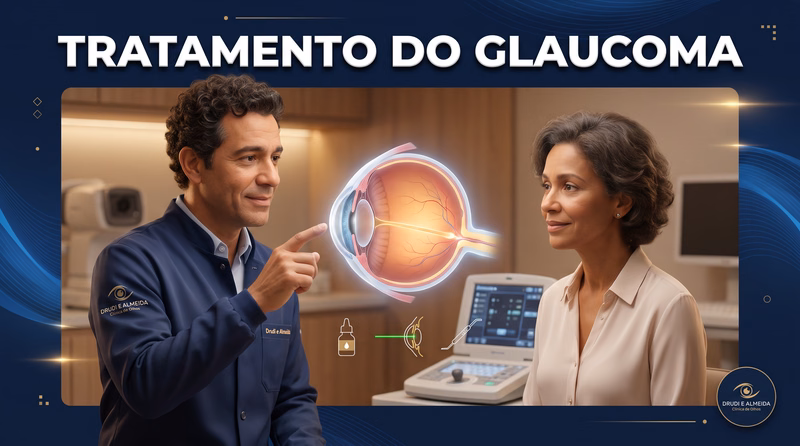 Capa ilustrativa do artigo "Tratamento de Glaucoma: Colírios, Laser e Cirurgia" sobre glaucoma no blog da Drudi e Almeida Oftalmologia.