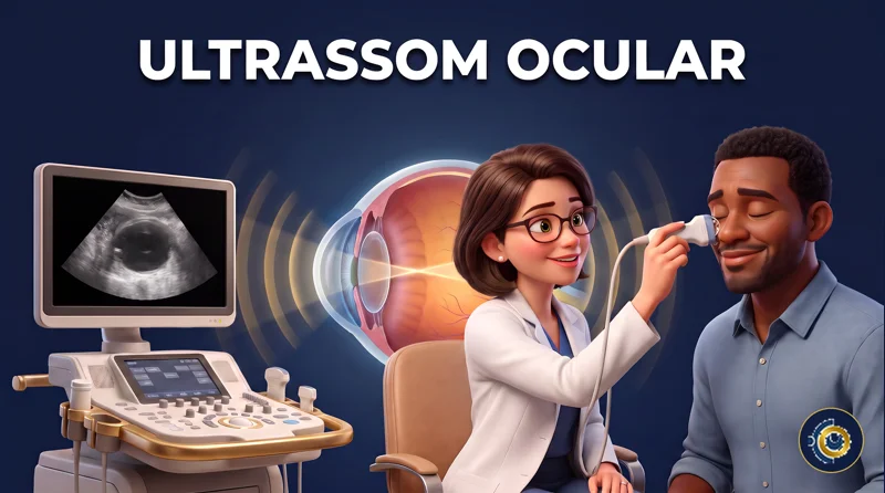 Capa ilustrativa do artigo "Ultrassom Ocular (USG): Quando o Exame é Indicado" sobre retina no blog da Drudi e Almeida Oftalmologia.