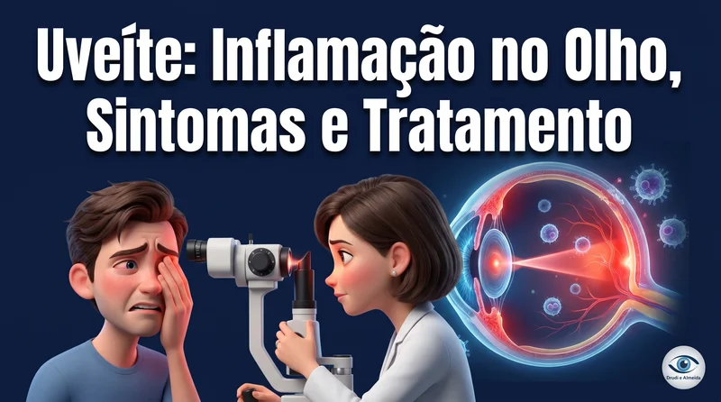 Personagem 3D Pixar com fotofobia e olho inflamado sendo examinado por oftalmologista com diagrama da úvea inflamada
