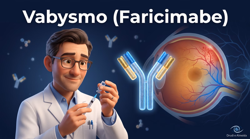 Capa ilustrativa do artigo "Faricimabe: indicações, evidências e acompanhamento da retina" sobre retina no blog da Drudi e Almeida Oftalmologia.