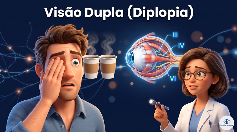 Capa ilustrativa do artigo "Visão Dupla (Diplopia): Causas, Quando É Urgência e Tratamento" sobre saúde ocular no blog da Drudi e Almeida Oftalmologia.