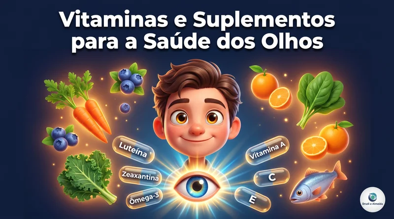 Personagem 3D Pixar com olhos saudáveis rodeado de alimentos e suplementos vitaminas para os olhos