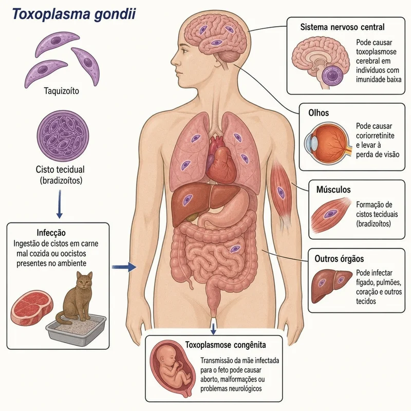 Ilustração médica do parasita Toxoplasma gondii no organismo humano — transmissão, órgãos afetados e toxoplasmose congênita