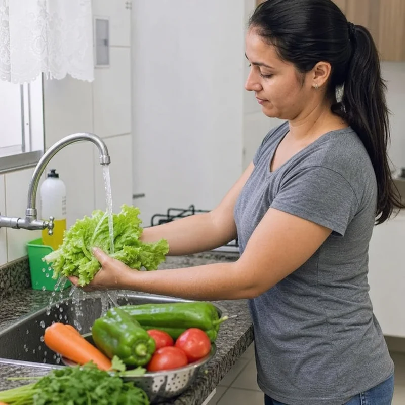 Pessoa lavando verduras e legumes adequadamente em água corrente na cozinha — prevenção da toxoplasmose