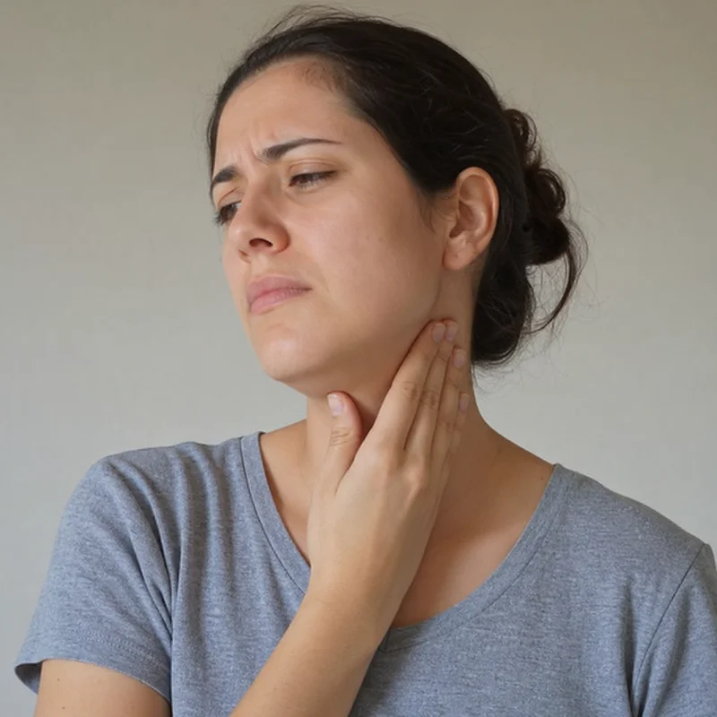 Mulher com a mão no pescoço sentindo um leve desconforto devido a linfonodos aumentados