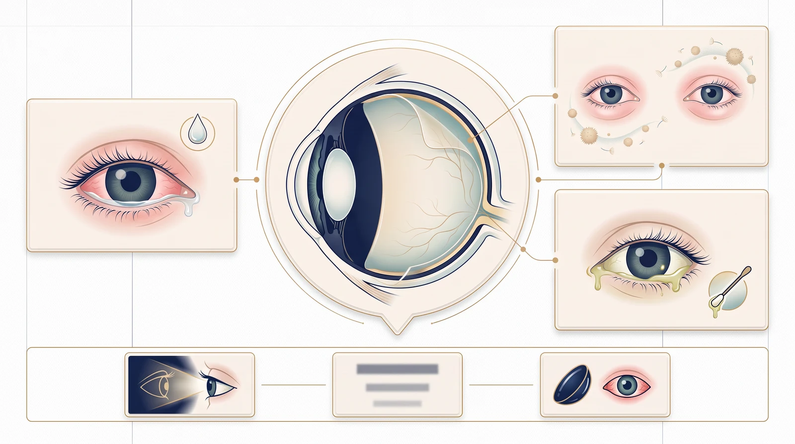 Prancha clínica da conjuntiva e de padrões visuais que podem ocorrer na conjuntivite, incluindo lacrimejamento, contexto alérgico, secreção e sinais de alerta
